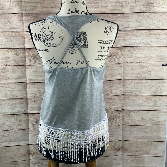 Patriotic  Gray Tank Top Cotton Fringe - Picture 2 of 4